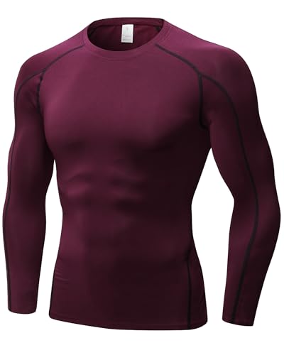 Men's Compression Long Sleeve Athletic Workout T-Shirt - Maroon, Large