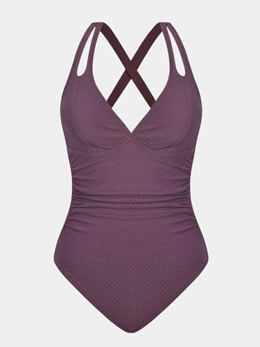 Women's Tummy Control One-Piece Swimsuit Crossback Bathing Suit Large Purple Brown