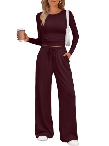 LILLUSORY 2 Piece Lounge Sets for Women - Fall 2026 Sweat Outfit Medium Wine Red