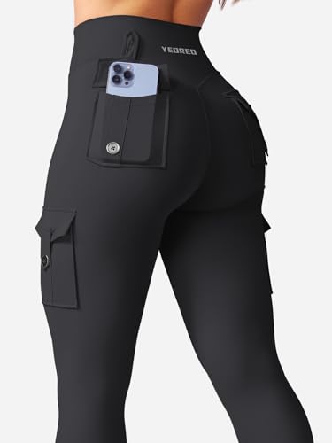 Women’s Workout Cargo Leggings with 4 Pockets, 25-Inch Inseam, Medium, Black
