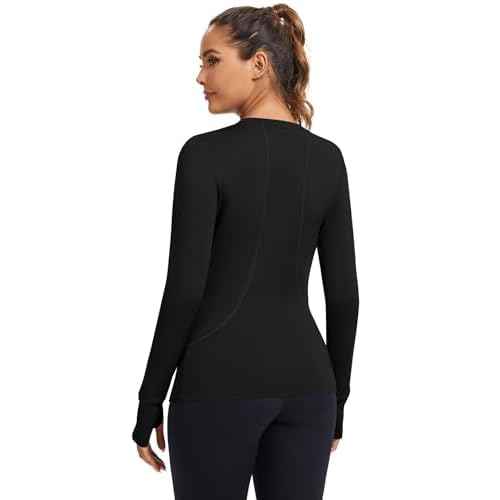 Loovoo Thermal Shirts for Women Long Sleeve Workout Tops Crewneck Fleece Base Layer Running Athletic Tee with Zipper Pocket
