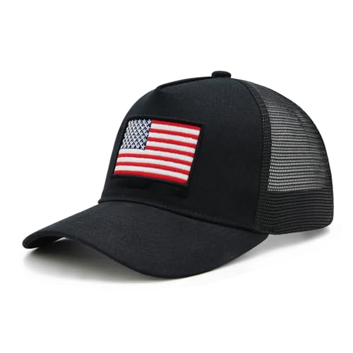 Black American Flag Trucker Hat for Men and Women, Adjustable USA Baseball Cap