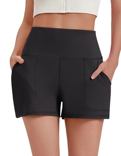 PINSPARK Women's High Waisted Athletic Shorts Wide Leg Yoga Workout Shorts Medium Black