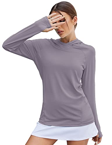 Women's UPF 50+ Sun Protection Hoodie Long Sleeve Hiking Shirt - Medium Gray Purple