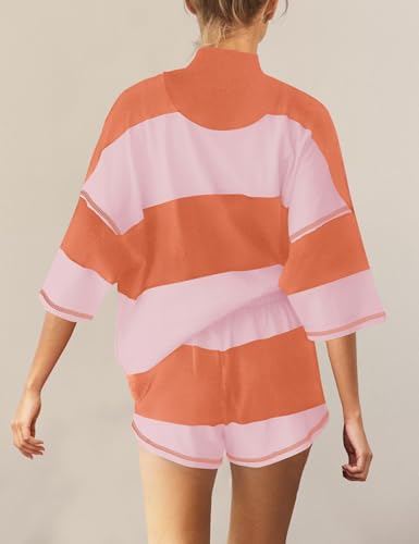 Women's Striped Workout Set - Summer 2 Piece Short Matching Outfit - Orange Pink Medium