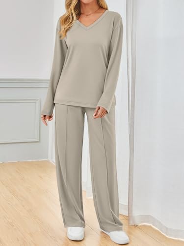 AUTOMET Women's Khaki Lounge Sweatsuits 2-Piece Set Medium Fall Outfits