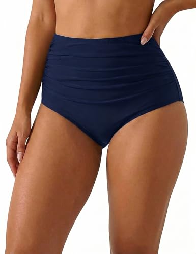 Firpearl High Waisted Bikini Bottoms Ruched Tummy Control Swimwear - Navy, Size 6