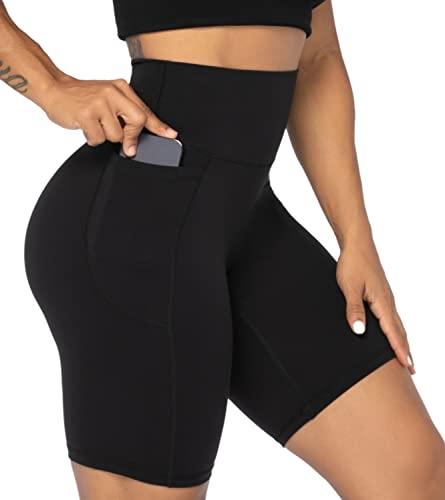 Sunzel Women's High Waist Biker Shorts with Pockets - No Front Seam, 8 Inch Inseam, Large, Black