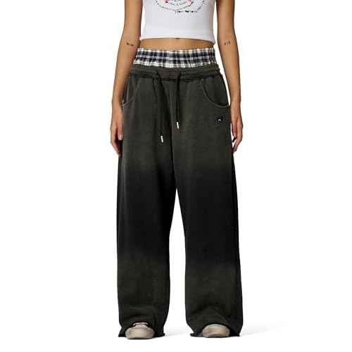 Aelfric Eden Double Waist Washed Baggy Sweatpants Loose Wide Leg Plaid Patchwork Casual Pants with Pockets