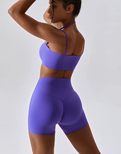 Women’s Workout Sets 2 Piece Sports Bras & High Waist Biker Shorts - Purple, Small