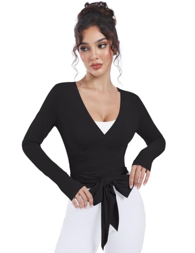 Women's Ballet Wrap Top Long Sleeve Pilates Dance Shirt - Medium Black