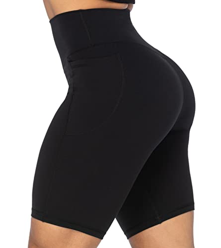 Sunzel Women's High Waist Biker Shorts with Pockets - No Front Seam, 8 Inch Inseam, Large, Black
