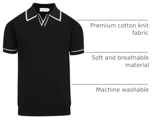 Men's Polo Shirts Short Sleeve Knit Casual Vintage Golf Top Black Stripe Large