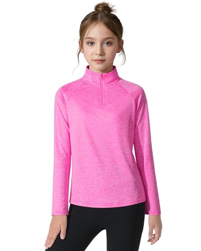 Girls Long Sleeve Athletic Shirt Quarter Zip Pullover for Sports - Pink 7-8 Years