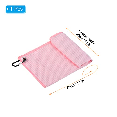 PATIKIL 12x12 Inch Pink Tri-Fold Golf Towel - Soft Microfiber, Water Absorbent, Waffle Pattern with D Clip
