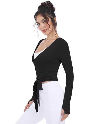 Women's Ballet Wrap Top Long Sleeve Pilates Dance Shirt - Medium Black