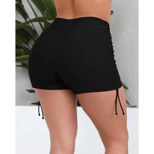 Halcurt Women's High Waisted Swim Board Shorts Tummy Control Side Tie Adjustable Tankini Swimsuit Bottoms