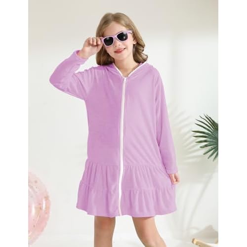 LUCKYGAL Girls Swim Cover Up Kids Long Sleeve Swimsuit Coverup Terry Beach Pool Clothes with Sunglasses