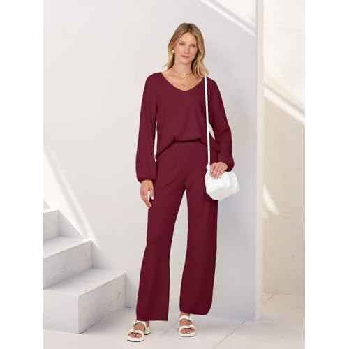 MEROKEETY Women's 2 Piece Outfits Lounge Sets Fall Winter Long Sleeve Knit Sweater Wide Leg Pant Matching Set