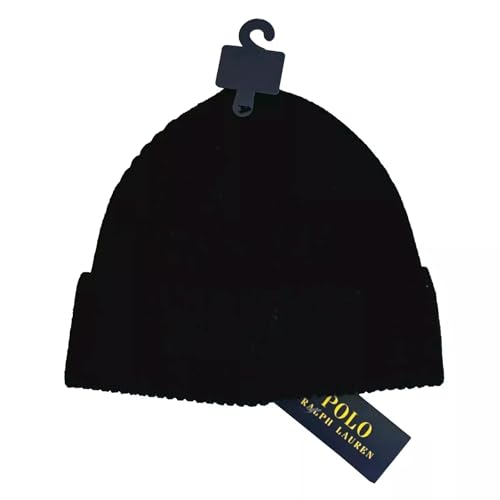 POLO RALPH LAUREN Men's Triple Pony Wool Blend Ribbed Cuff Beanie Hat (Polo Black, One Size)