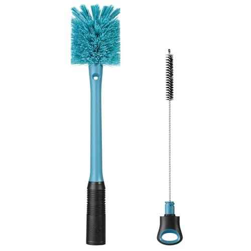 2-in-1 Water Bottle Brush and Straw Cleaner Brush, Long Handle Scrub Brush with Replaceable Head for Water Bottles, Glasswares, Mugs, Flasks, Tumblers, Vases, and Kitchen Sink, Smokey Blue