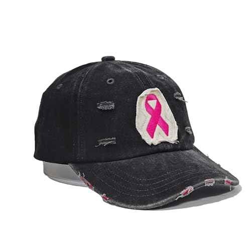 Breast Cancer Awareness Hat Pink Ribbon Patch Distressed Cotton Adjustable Baseball Cap, Breast Cancer Gift for Women