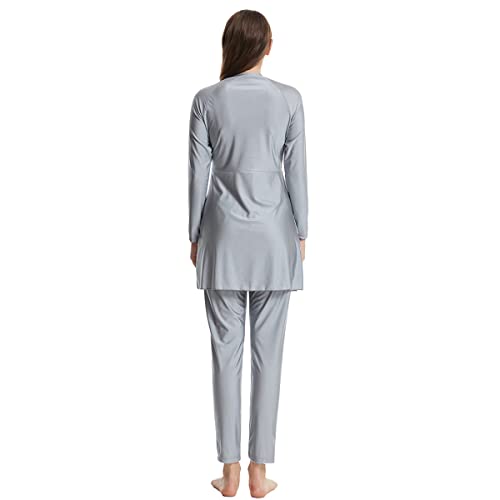Modest Burkini Swimsuit for Women with Long Sleeve, Built-in Bra, Pants & Hijab - Medium Gray