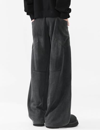 Large Acid Wash Men's Teen Y2K Baggy Wide Leg Sweatpants with Pockets - Black