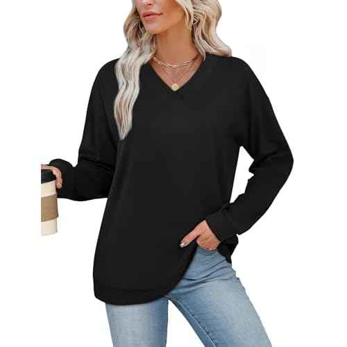 WIHOLL Sweatshirt for Women V Neck Sweaters Long Sleeve Shirts Fall Clothes Ribbed Collar 2025 Trendy Fashion