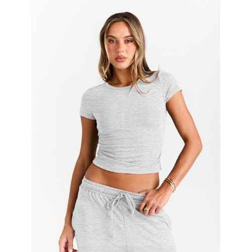 Trendy Queen 2 Piece Matching Summer Sweatsuit Lounge Set Womens Wide Leg Pants Side Ruching Crop Top Sets