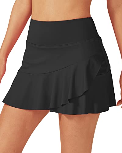 Large Black 15 Inch Tennis Skirt for Women with Pockets High Waist Ruffle Athletic Skort
