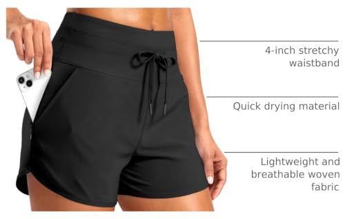 Soothfeel Women's Athletic Running Shorts with Zipper Pockets - 3 Inch, Medium, Black