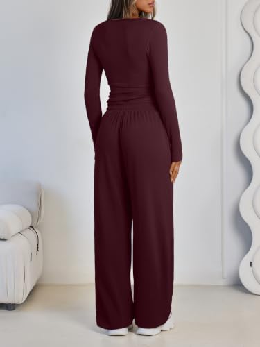 LILLUSORY 2 Piece Lounge Sets for Women - Fall 2026 Sweat Outfit Medium Wine Red