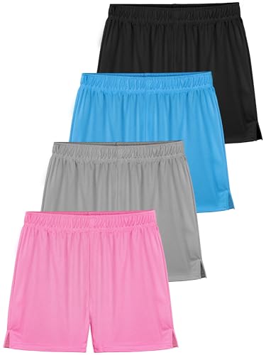 Resinta Girls Athletic Mesh Shorts - 4 Pack, Black, Gray, Blue, Pink, Age 8-10 Years
