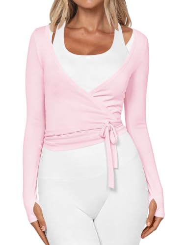 Women’s Ballet Wrap Top Long Sleeve Dance Shirt with Thumbholes - Small Pink