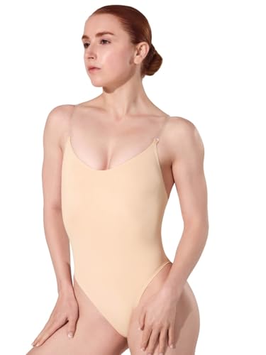 Women’s Camisole Leotard with Clear Adjustable Transition Straps - Large/Nude