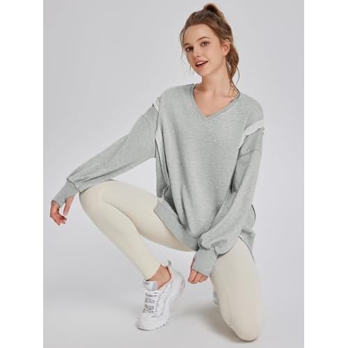TAKEYAL Women's Oversized Sweatshirts Side Slit Long Sleeve V Neck Sweatshirt Casual Loose Pullover