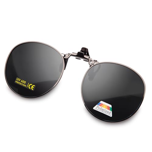 JO Polarized Clip-On Sunglasses UV400 Anti-Glare Lenses with Metal Round Frame - Black, 52mm