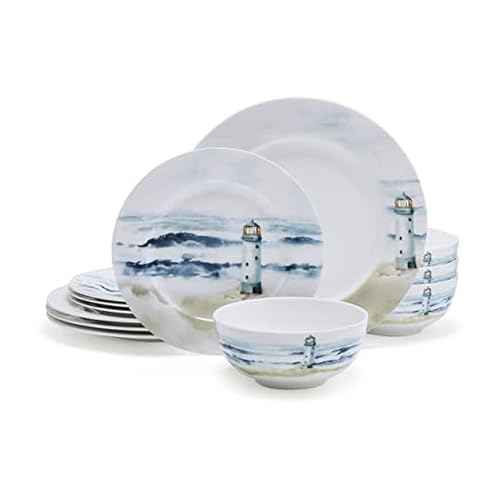 Mikasa Seaside Coastal Bone China Lightweight Chip Resistant 12 Piece Dinnerware Set, Service for 4