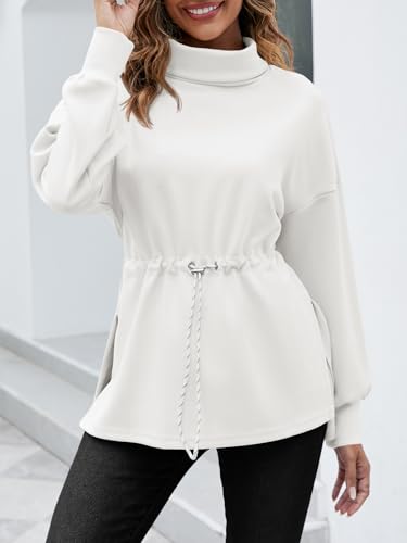 Women's Turtleneck Sweatshirt with Side Slit & Drawstring Waist - White, Large