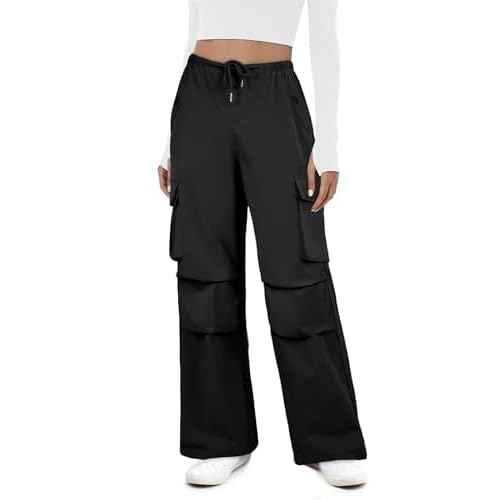 Womens Cargo Pants Elastic Waist Wide Leg Parachute Pants with 4 Pockets Baggy Hiking Trousers Travel Y2K Waterproof