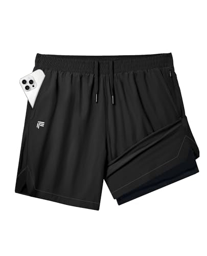 X-Large Men's 2-in-1 Running Shorts 7 Inch Inseam Quick Dry Gym Sports with Phone Pockets - Black