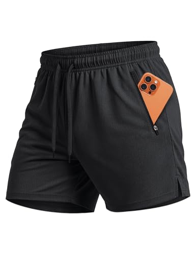 Men's 5-Inch Athletic Gym Shorts with Mesh Zipper Pocket - Quick Dry, Medium Black