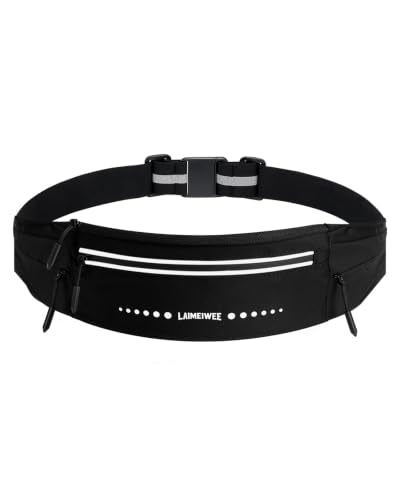 LAIMEIWEE Water-Resistant Running Belt Black - Lightweight Waist Pack for Men & Women with 4-Zone Organization, Reflective Strips