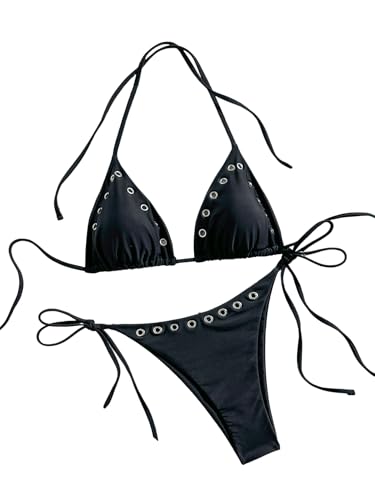 Women's 2 Piece Y2K Bikini Set Small Black Grommet Eyelet Thong Swimwear