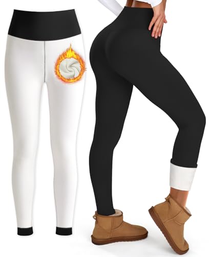 Bluemaple Fleece Lined High Waist Leggings for Women Tummy Control Thermal Winter No Pockets Medium Black Variation