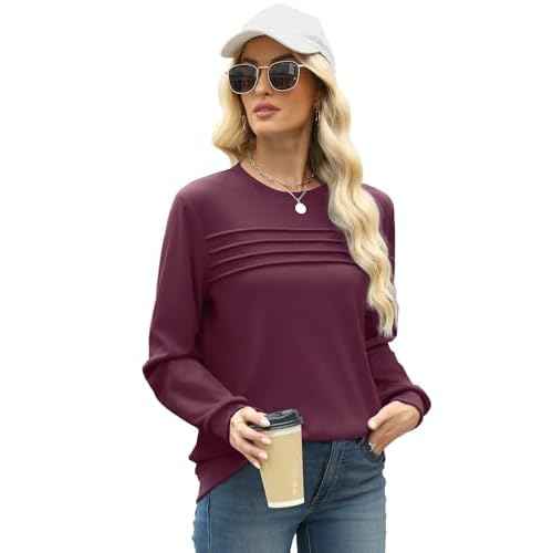 WIHOLL Womens Sweatshirt Crewneck Long Sleeve Shirts Loose Fit Pleated Front Tops Fall Fashion