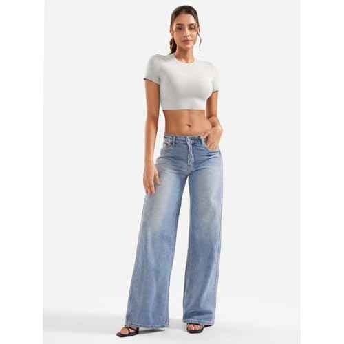 VOYJOY Womens Double Lined Fitted Short Sleeve Crop Tops Crew Neck Casual Workout T Shirts Cute Basic Tee