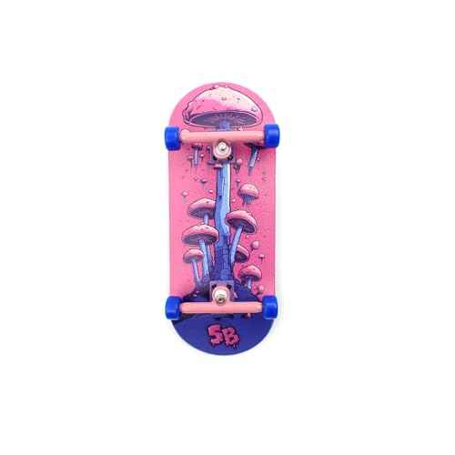 SPITBOARDS¢ç 36 x 96 mm Wood Fingerboard Complete Set-Up, Pre Assembled, 5-Layers Wood, Pro Trucks with Lock Nuts, CNC Bearing Wheels, Real Wear Graphics, Lasered Foam Grip Tape, Alien Mushrooms
