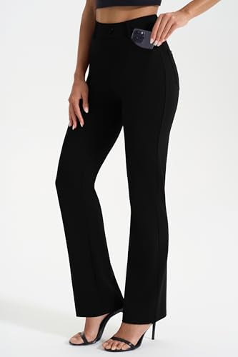 Women's Yoga Dress Pants - Stretchy Work Slacks, Straight Leg, 27" Black, Medium Height